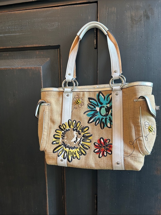 Coach Handbags - Coach Embroidered Floral Canvas Tote Bag in Tan and White